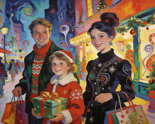 Warm Family Portrait on a Christmas Street Scene