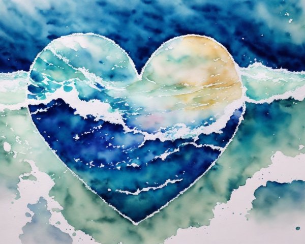 Vibrant Watercolor Heart Shape with Ocean Waves