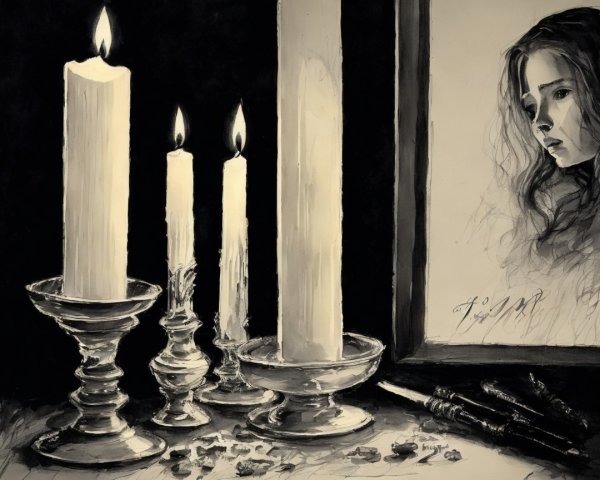 Still Life Charcoal Drawing of Candles and Portrait