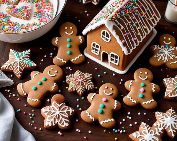 Decorated Gingerbread Cookies and House on Wooden Table