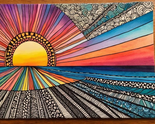 Colorful Abstract Watercolor of Sunset Over Ocean