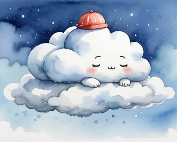 Anthropomorphic Cloud Painting with Beanie Hat and Stars
