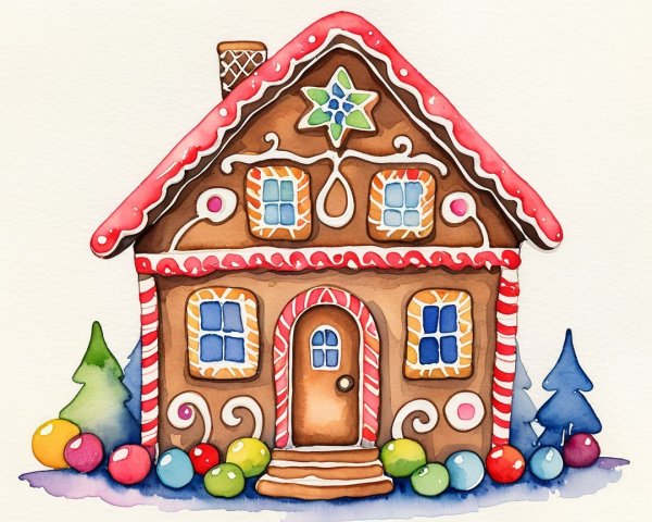 Watercolor Painting of a Gingerbread House Scene