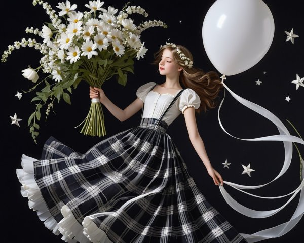 Whimsical Portrait of a Girl with Daisies and Balloons