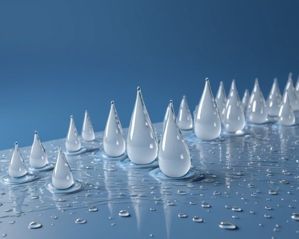 Translucent Teardrop Water Droplets on Blue Surface