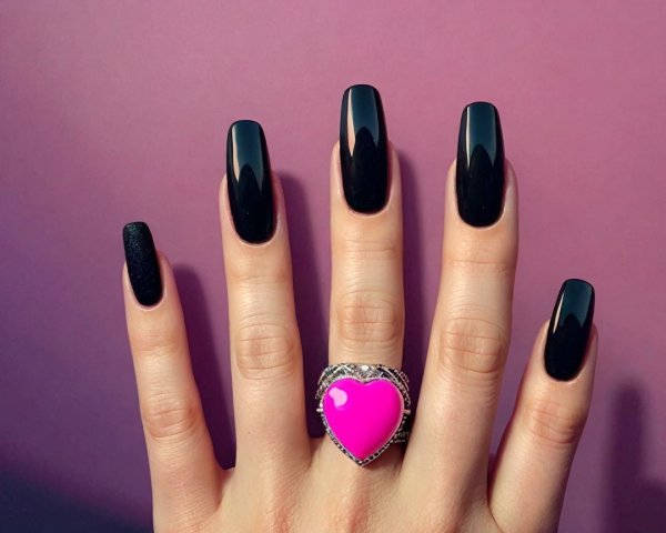 Glossy Black Nails with Silver Heart Ring on Gradient Background