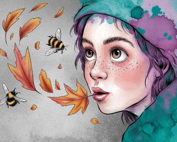 Whimsical Ink and Watercolor Portrait of Young Girl