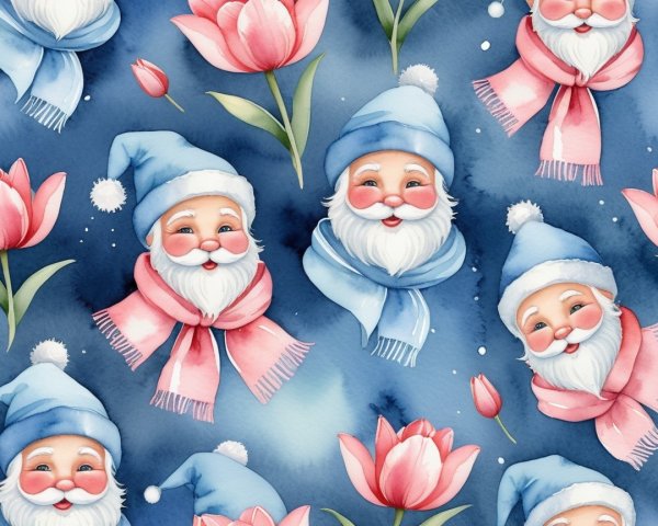 Seamless Watercolor Pattern of Santa Claus Heads and Tulips
