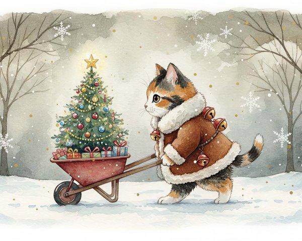 Calico Cat with Wheelbarrow in Snowy Forest Scene