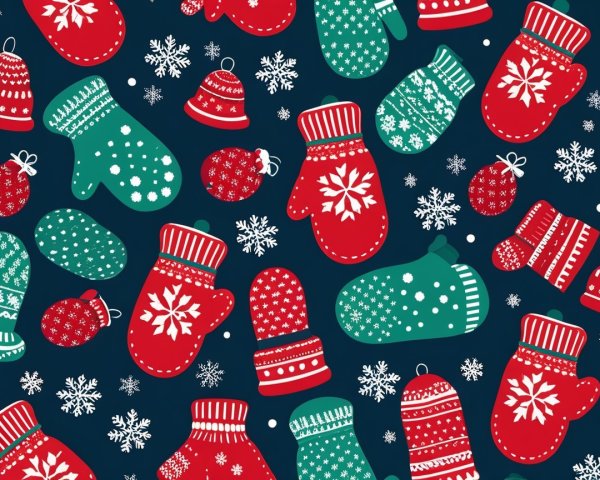 Knitted Mittens Pattern in Red and Teal on Blue