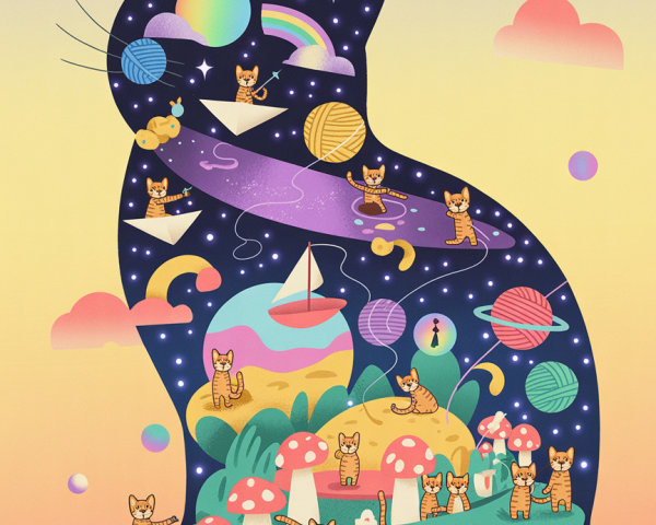 Colorful Abstract Cat Silhouette with Kittens Illustration