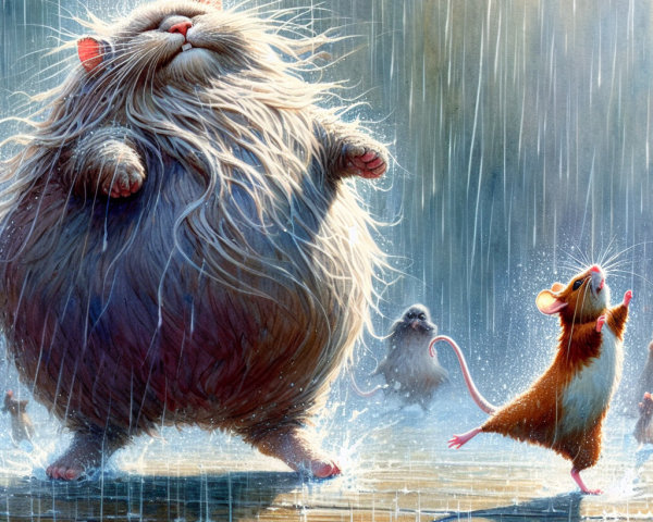 Fluffy Gray Cat and Mouse Enjoying Rainy Weather