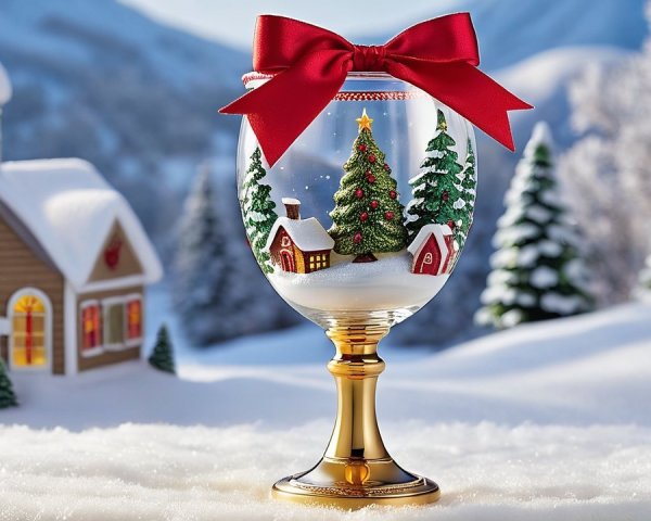 Snow globe in wine glass with snowy landscape scene