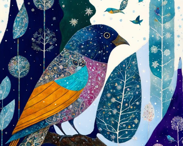 Vibrant Bird on Branch in Whimsical Winter Landscape