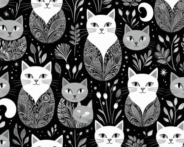 Black and White Cat and Plant Seamless Tile Pattern