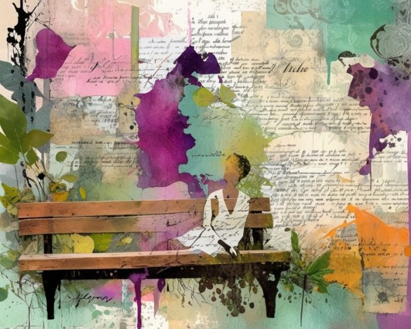 Silhouette on Bench Surrounded by Colorful Abstracts