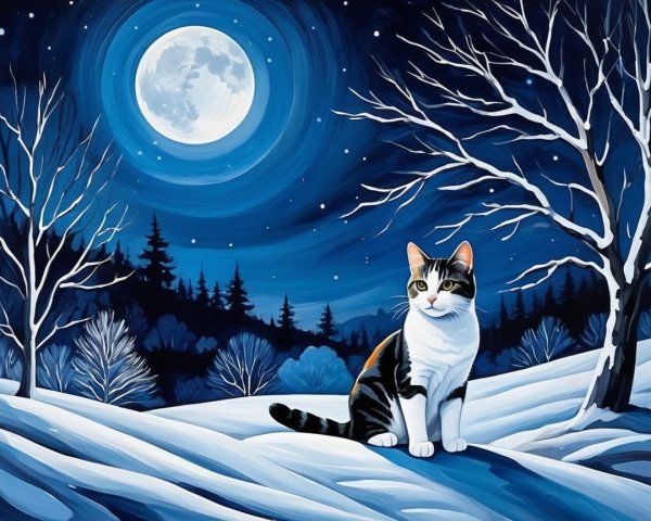 Winter Landscape with Tabby Cat on Snowy Hill