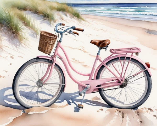 Watercolor Painting of Bicycle on Sandy Beach