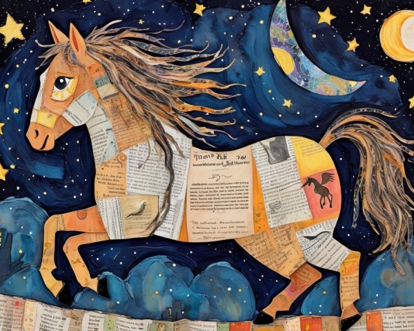 Whimsical Illustration of a Galloping Horse at Night