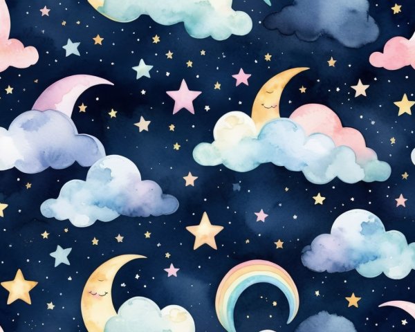 Watercolor Seamless Pattern of Night Sky Motifs