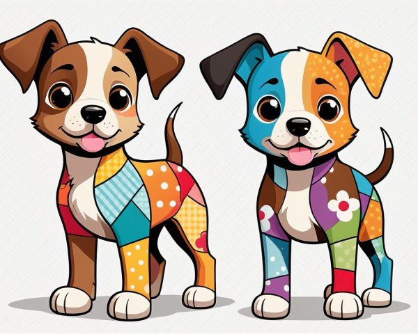 Cartoon Puppies with Colorful Designs and Cheerful Expressions