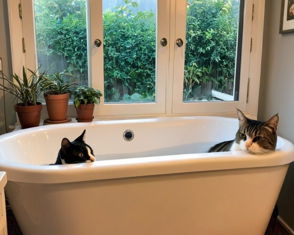 Cats Relaxing in Bathtub Surrounded by Greenery