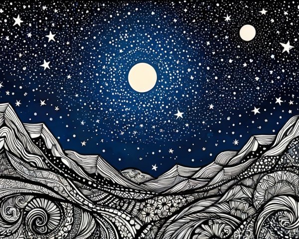 Intricate Black and White Doodle Art Landscape