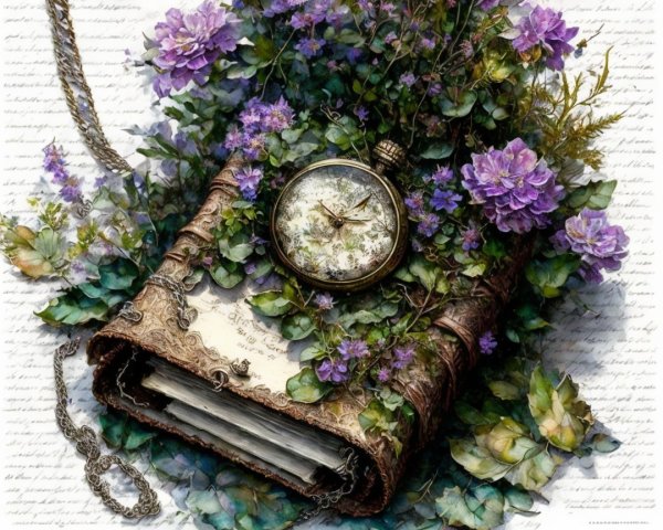 Antique Book and Pocket Watch with Decorative Details