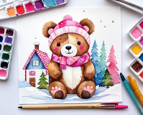 Watercolor Painting of Teddy Bear in Snowy Scene