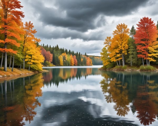 Autumn Lakeside Scene with Vibrant Colors and Clouds