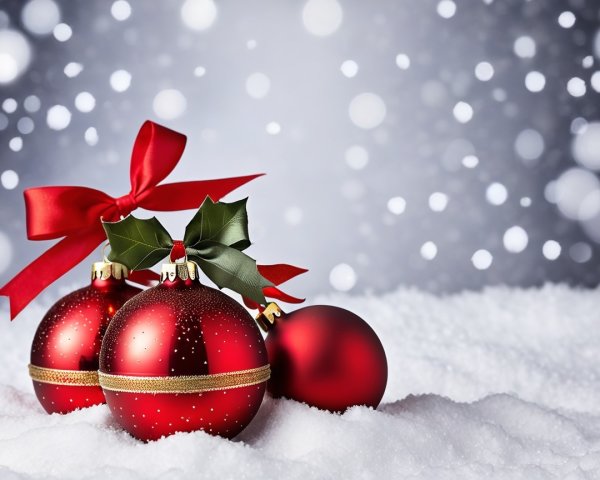 Three Red Christmas Ornaments on White Snow Background