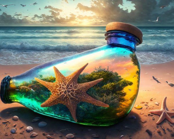 Vibrant Glass Bottle with Underwater Scene on Beach