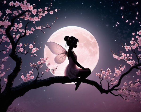 Fairy Silhouette on Cherry Blossom Branch Under Moonlight