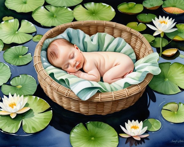 Newborn Baby in Basket Surrounded by Water Lilies