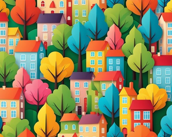 Vibrant Townscape Illustration with Colorful Houses