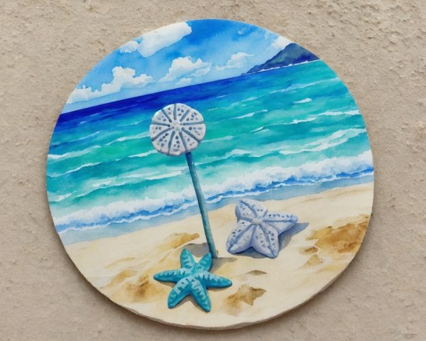 Watercolor Beach Scene on Round Canvas with 3D Elements