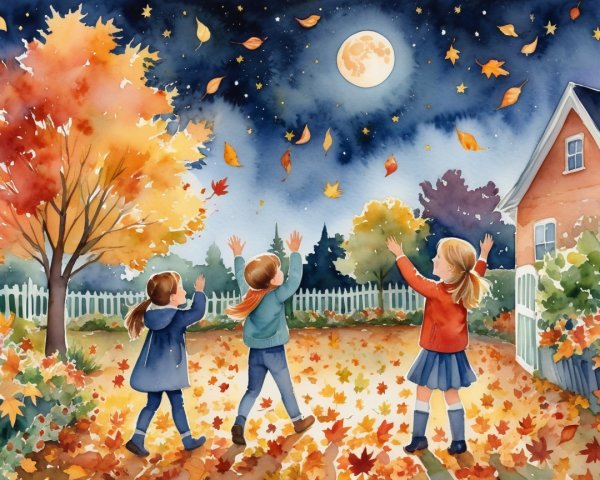 Children in Autumn Scene with Moon and Stars