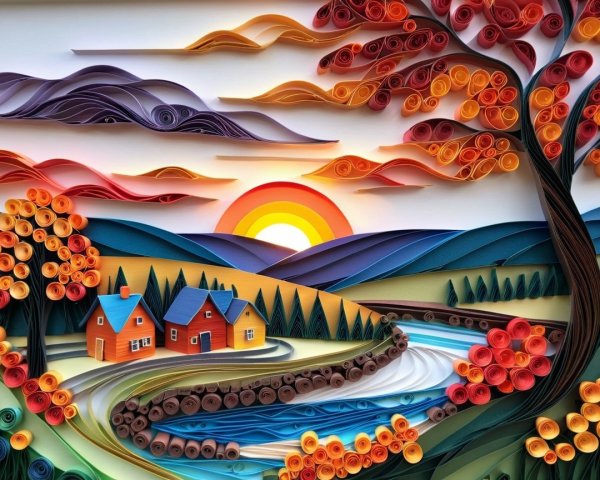 Vibrant Paper Quilling Scene of Countryside Landscape