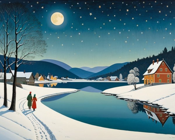 Folk Art Painting of Couple by Snowy Lake at Night