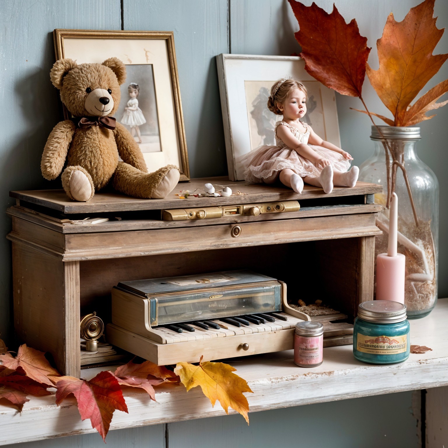 Vintage Dresser with Music Box, Dolls, and Photos