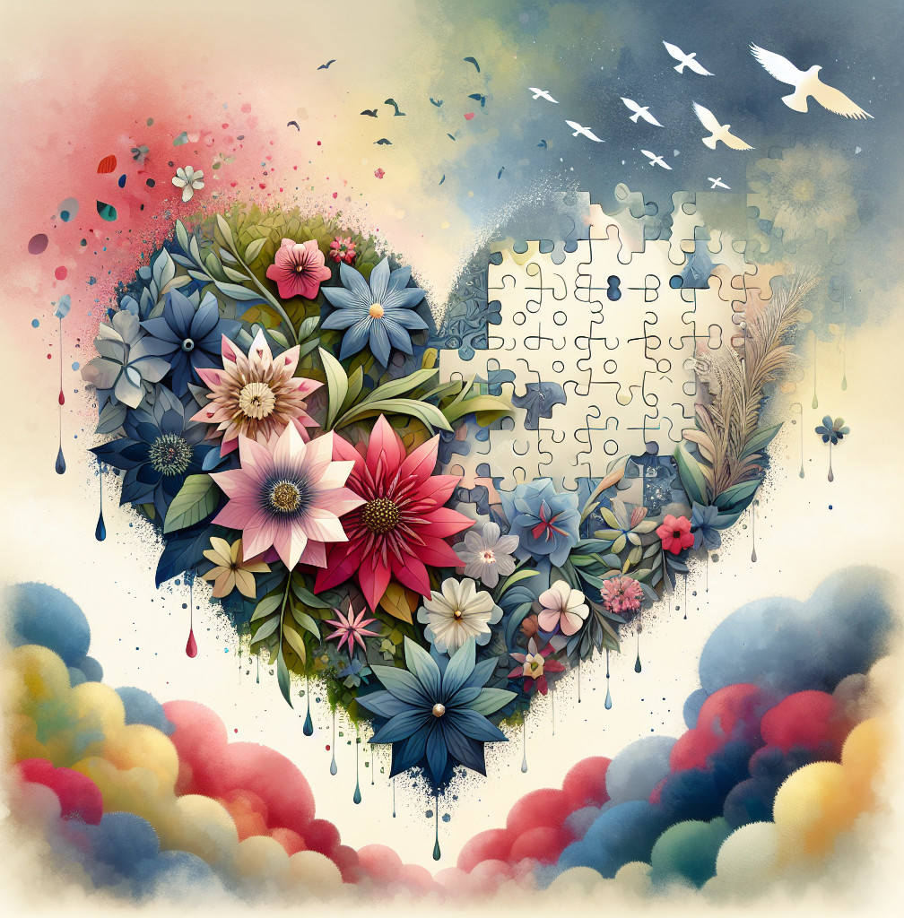 Watercolor Heart Illustration with Flowers and Birds