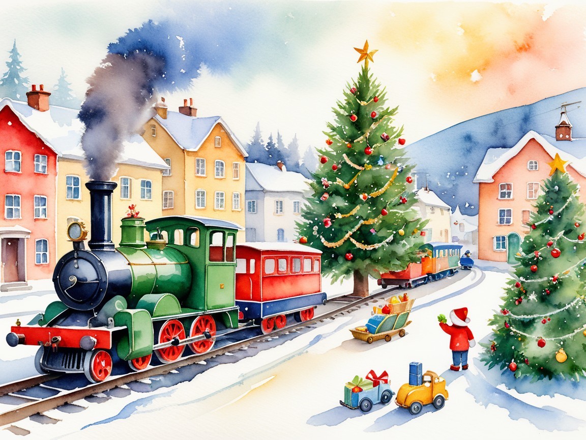 Watercolor Christmas Scene in Snowy Village Setting