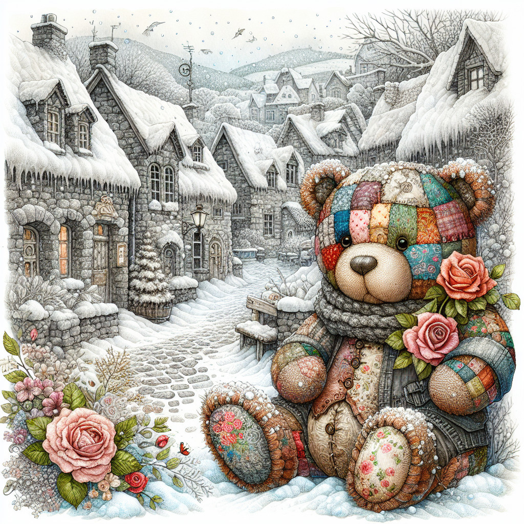 Colorful Teddy Bear in Winter Village Illustration