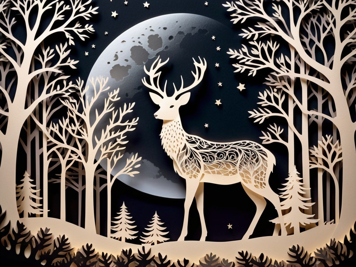 Detailed Papercut Art of Deer in Whimsical Forest