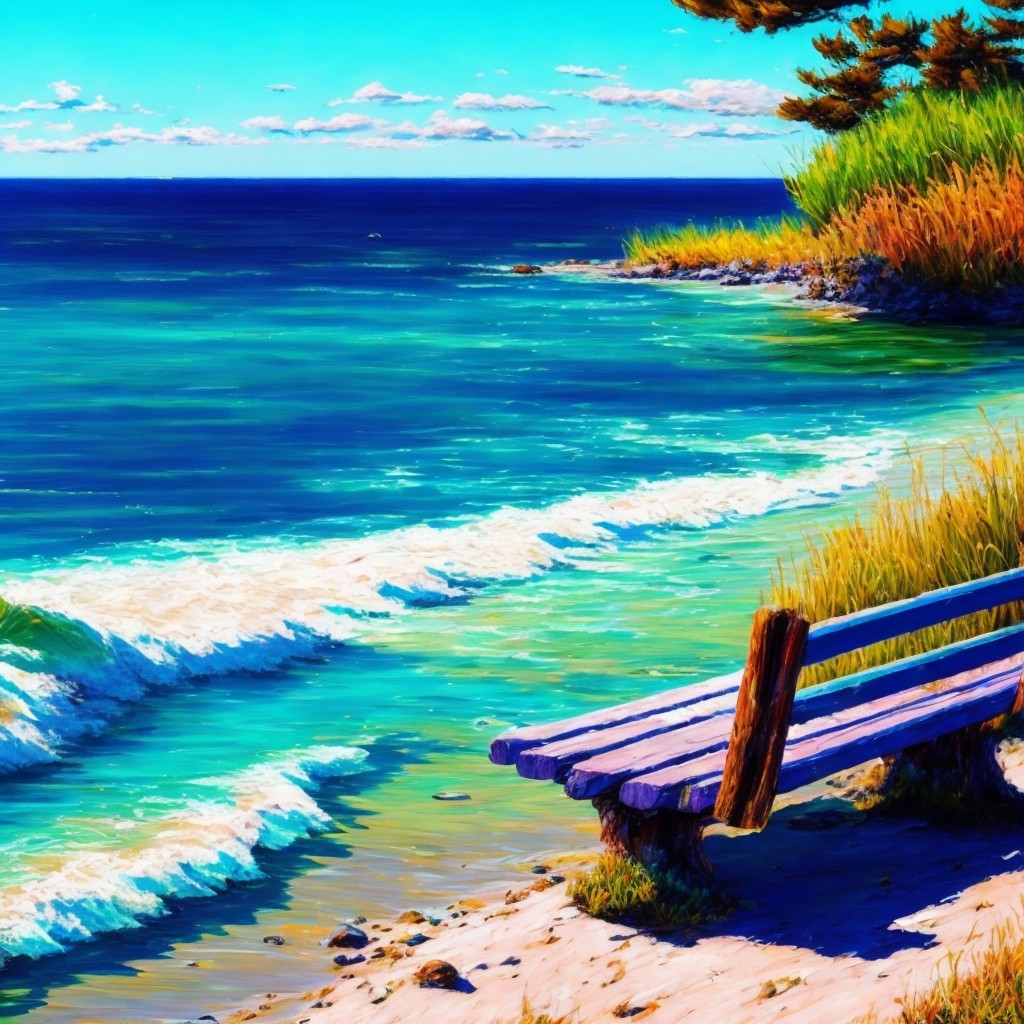 Serene Beach Scene with Waves and Rustic Bench