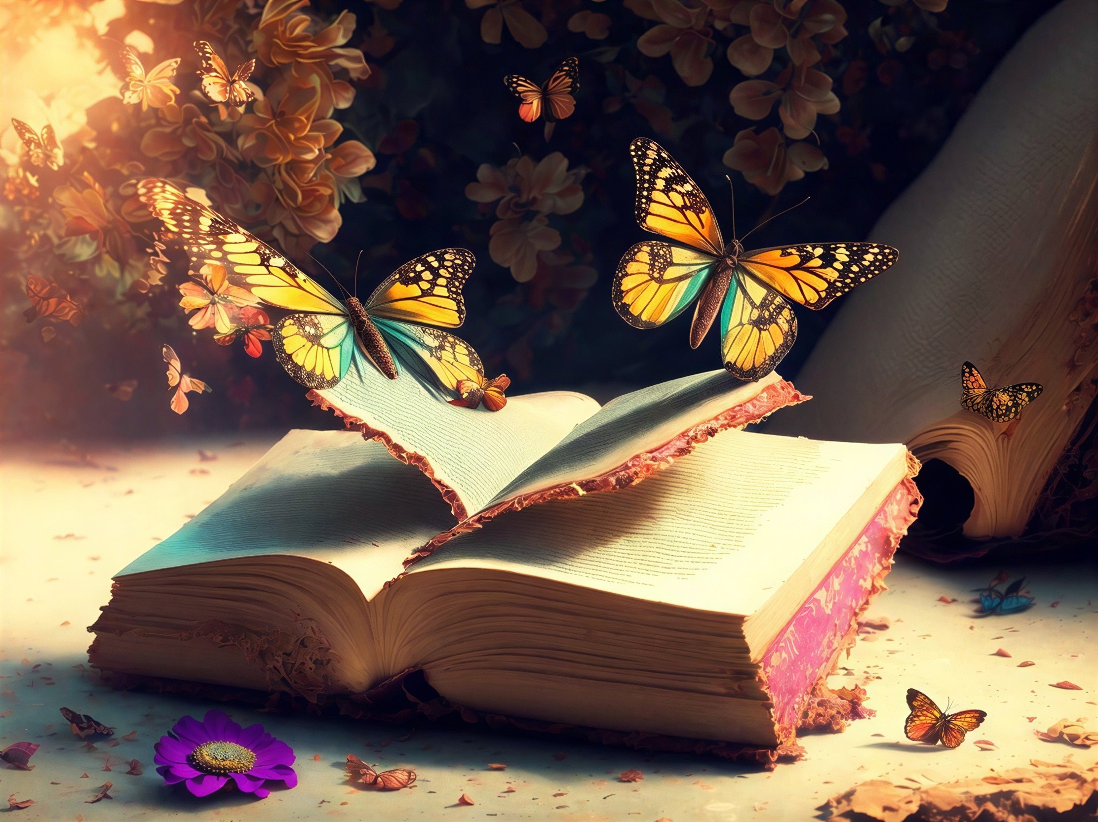 Vibrant Still Life of a Book with Colorful Butterflies