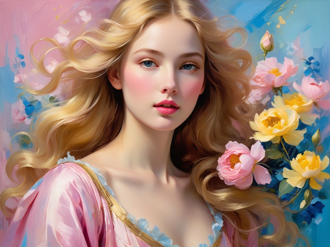 Young woman with golden hair among vibrant flowers
