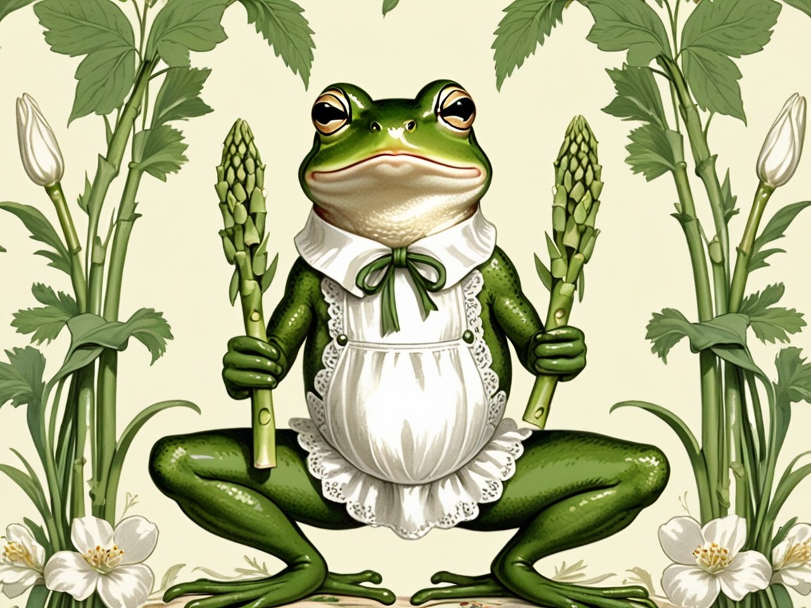 Whimsical Frog Illustration with Asparagus and Nature