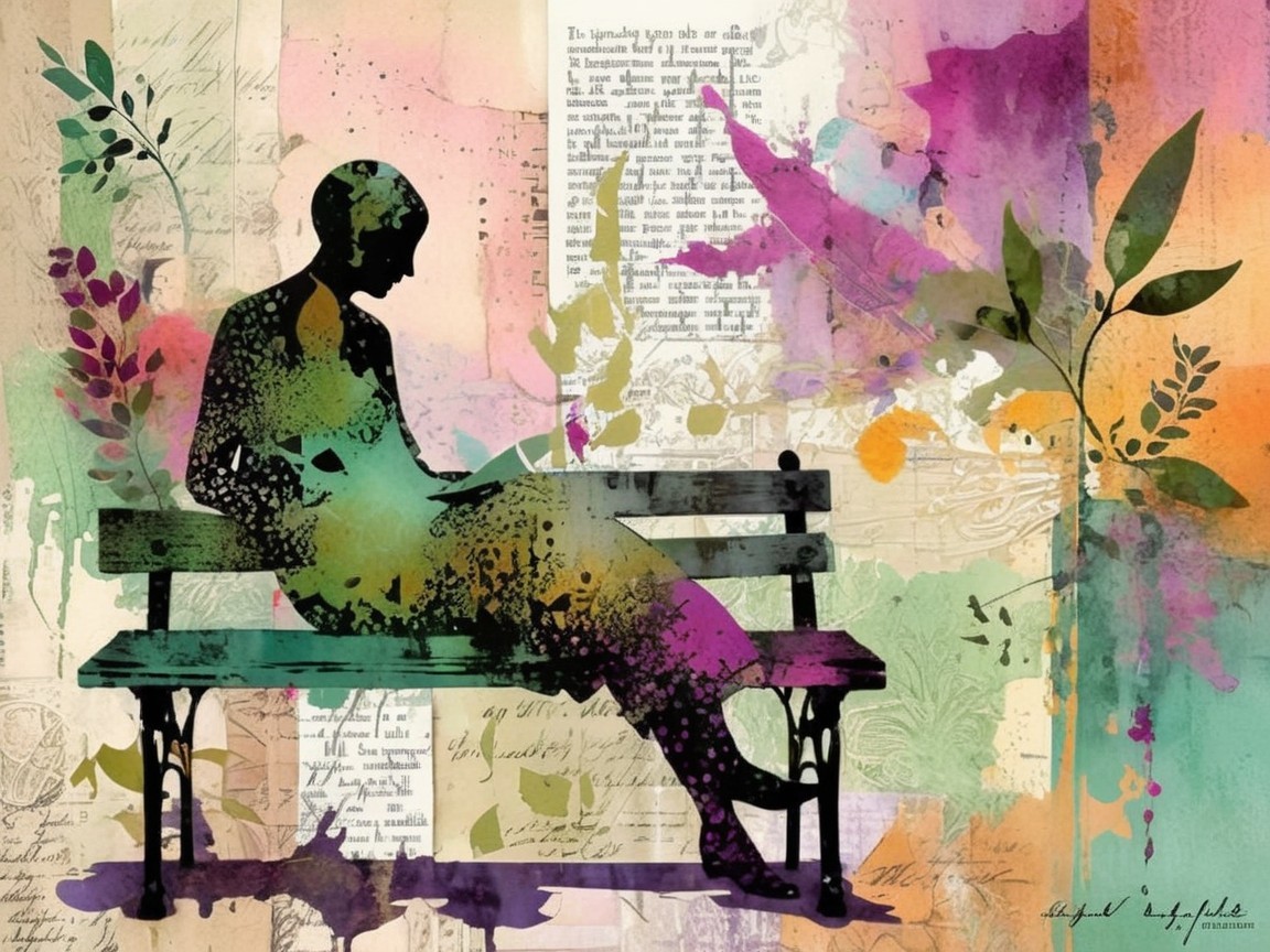Silhouette Reading on a Bench with Watercolor Background