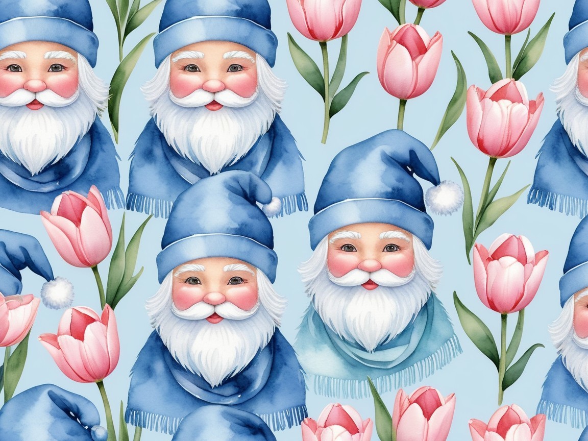 Santa Claus Pattern with Tulips on Light Blue Background